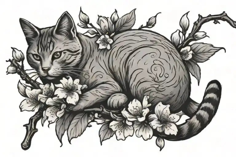 2 cherry blossom branches with a cat laying on the branch. the word Mello on one of the branches