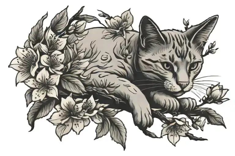 2 cherry blossom branches with a cat laying on the branch. the word Mello on one of the branches - Variation 2