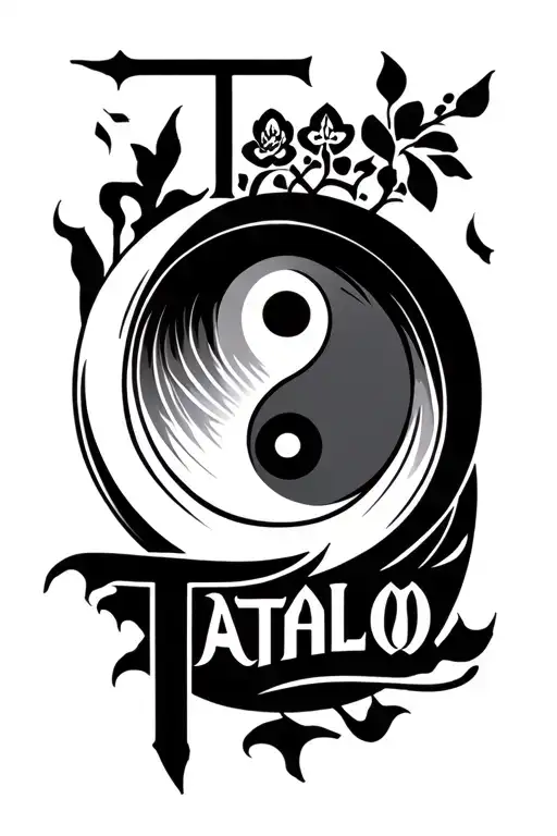 "Tataloo" name tattoo with combination of ying yang and balance
