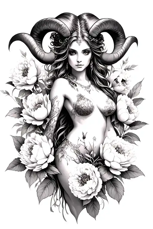 Aries sexy goddess surrounded by peony flowers growing - Variation 2