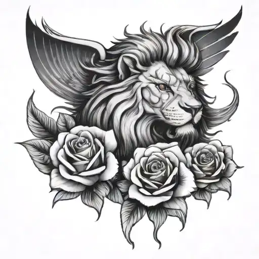 lion face and phenix head with 3 full roses below the image - Variation 5
