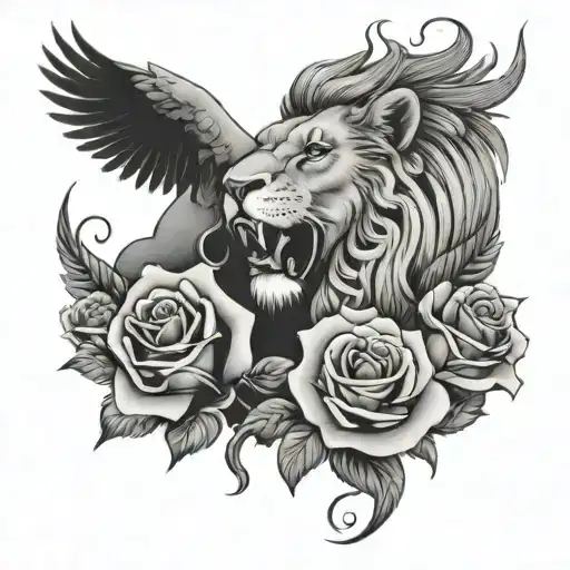 lion face and phenix head with 3 full roses below the image - Variation 6
