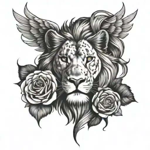 lion face and phenix head with 3 full roses below the image - Variation 7