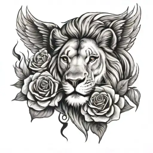 lion face and phenix head with 3 full roses below the image - Variation 8