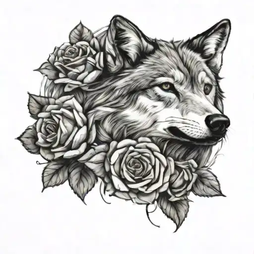wolf face surrounded by roses - Variation 1