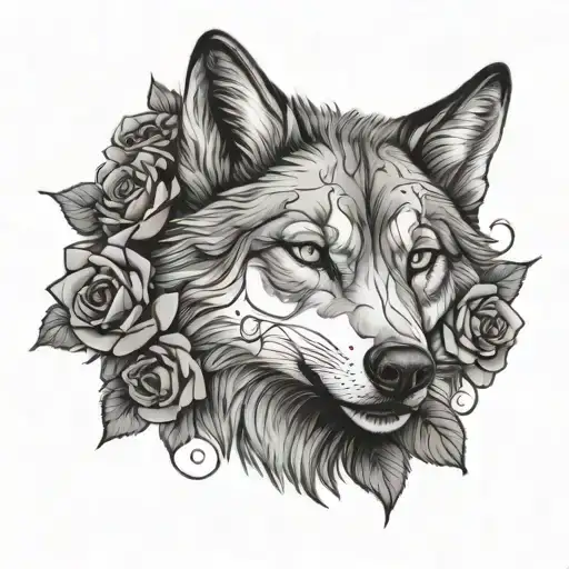 wolf face surrounded by roses - Variation 3