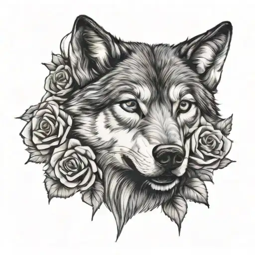 wolf face surrounded by roses - Variation 4