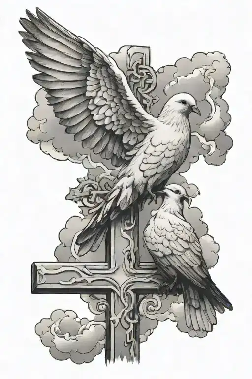 dove and raven on cross with clouds - Variation 1