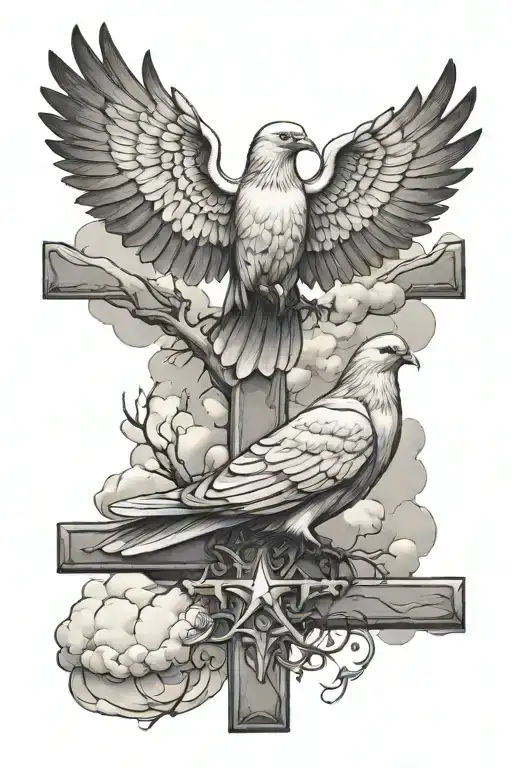 dove and raven on cross with clouds - Variation 2
