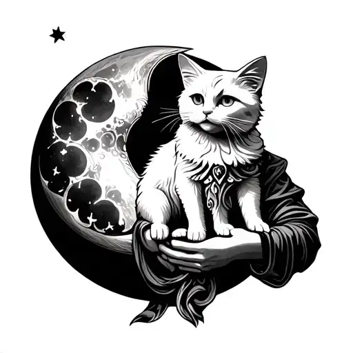 a god sculpture holding a furry white cat and a moon as a background - Variation 3