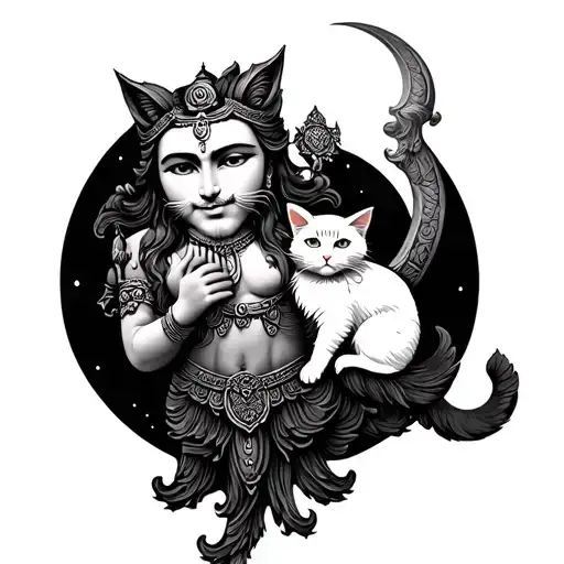 a god sculpture holding a furry white cat and a moon as a background - Variation 4