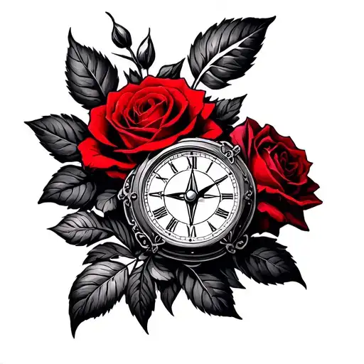 Two Rose Wrapped One Black One Red vintage compass vintage clock tattoo