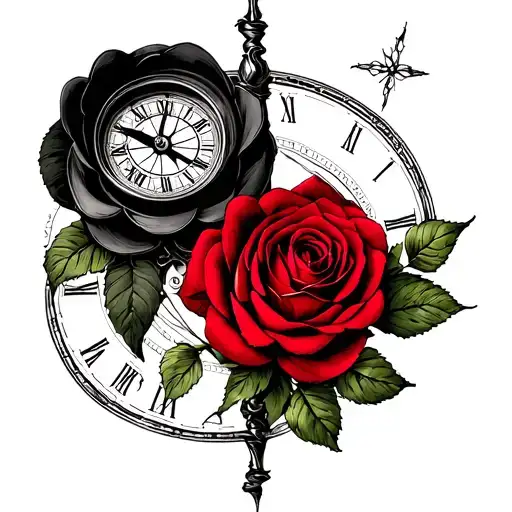 Two Rose Wrapped One Black One Red  vintage compass vintage clock tattoo - Variation 2