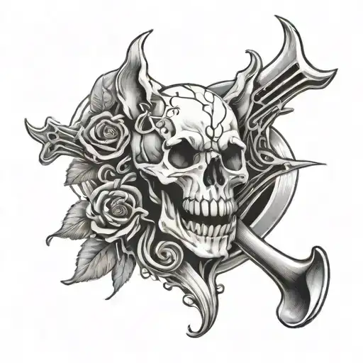 wolf skull and human skull surrounded by musical notes - Variation 2