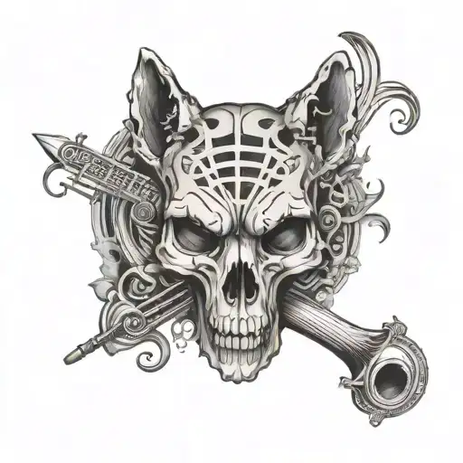 wolf skull and human skull surrounded by musical notes - Variation 4