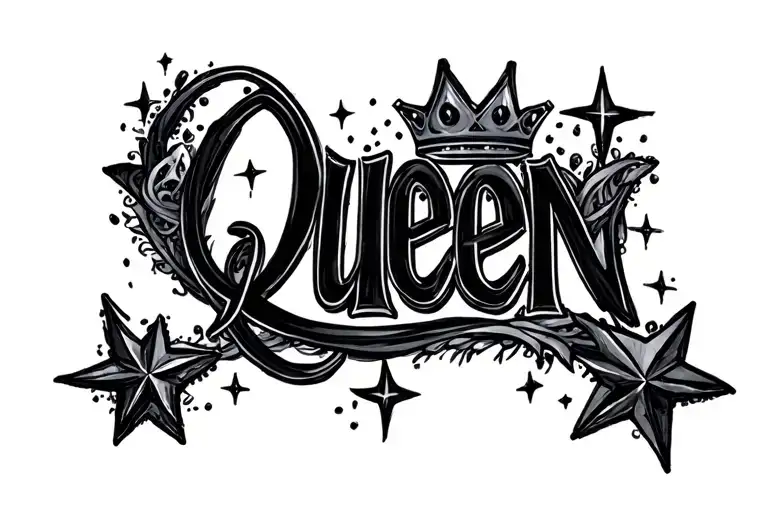 "Queen" script font intertwined star sparkles