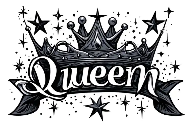 "Queen" script font intertwined star sparkles - Variation 2