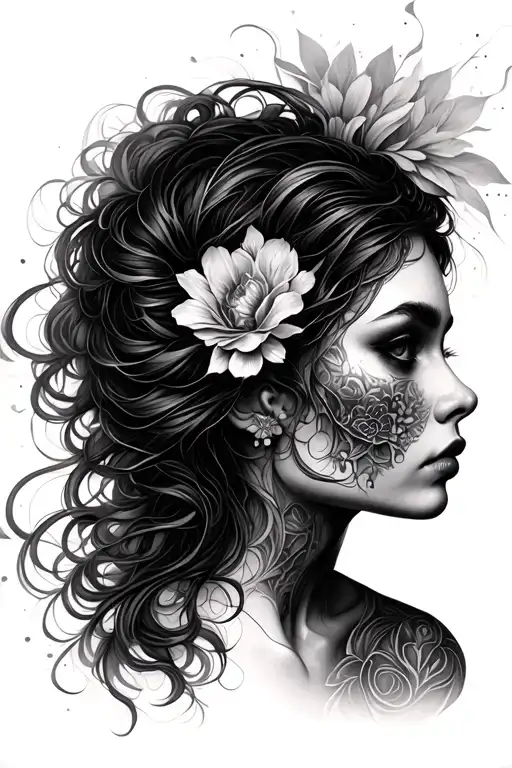 It is a mystical, dystopian frontal symmetrical portrait of a beautiful woman. Her hair, however, is unreal - Variation 1