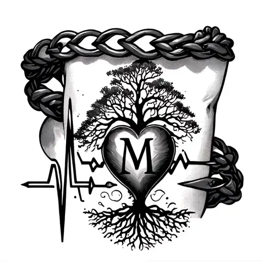 Bracelet around the wrist, heartbeat with letter M and tree of life - Variation 3
