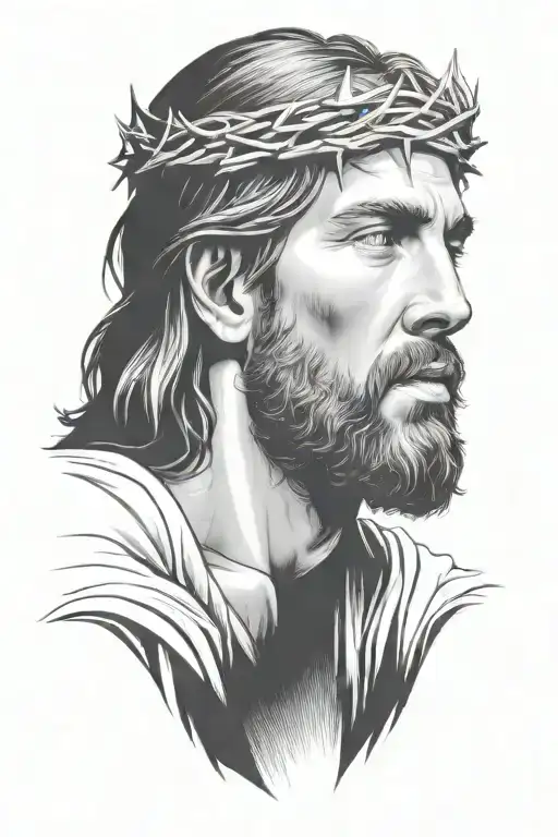 Hyper realistic portrait of Jesus Christ with a crown of thorns looking down - Variation 2