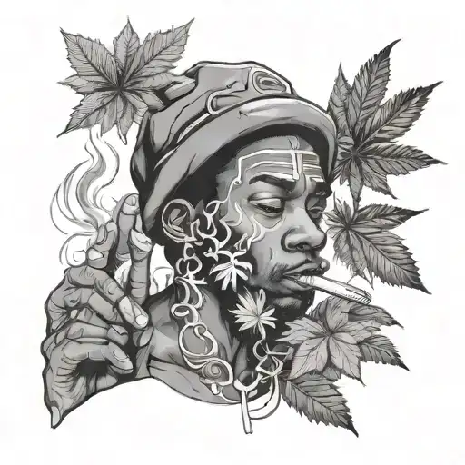 Draw a black guy smoking weed with the weed leafs and smoke with different people around him