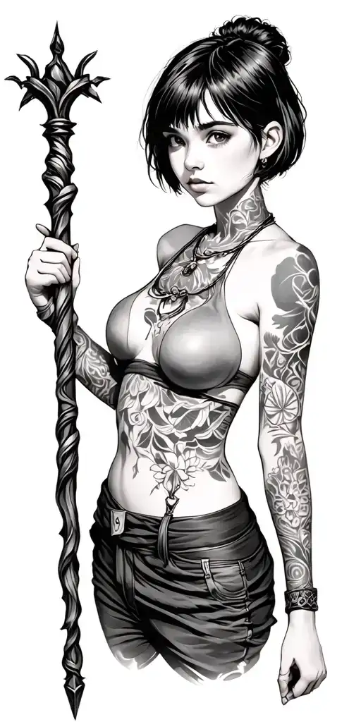 girl with short hair holding staff - Variation 3