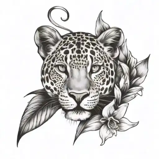 create a abstract tattoo with the word grace, a leopard, leaves and iris flowers - Variation 1