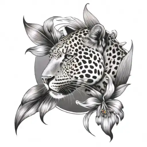 create a abstract tattoo with the word grace, a leopard, leaves and iris flowers - Variation 3
