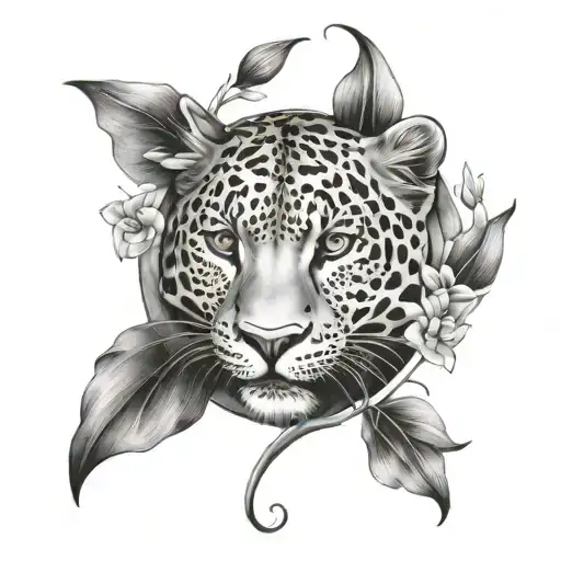 create a abstract tattoo with the word grace, a leopard, leaves and iris flowers - Variation 4