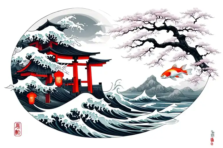 Japanese waves + torii + Japanese lantern + Japanese cherry tree + koi carp - Variation 2