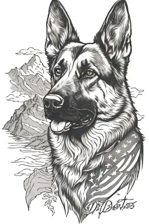 German shepherd portrait saying "diabetes" mountain scene American flag waving - Variation 1