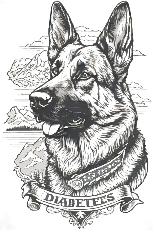 German shepherd portrait saying "diabetes" mountain scene American flag waving - Variation 2