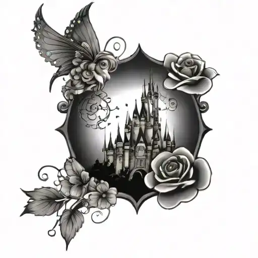 disney castle with flowers and tinkerbell sitting - Variation 2