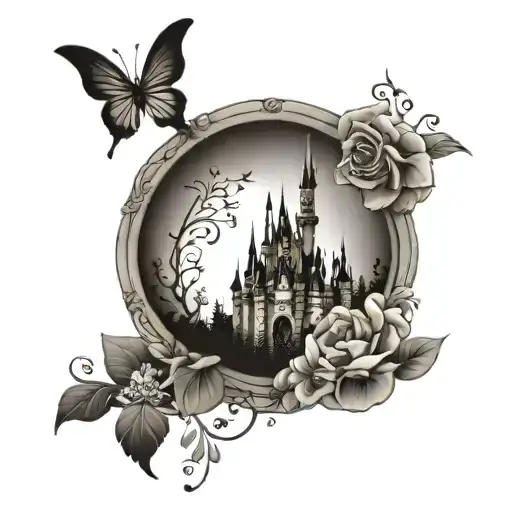disney castle with flowers and tinkerbell sitting - Variation 3