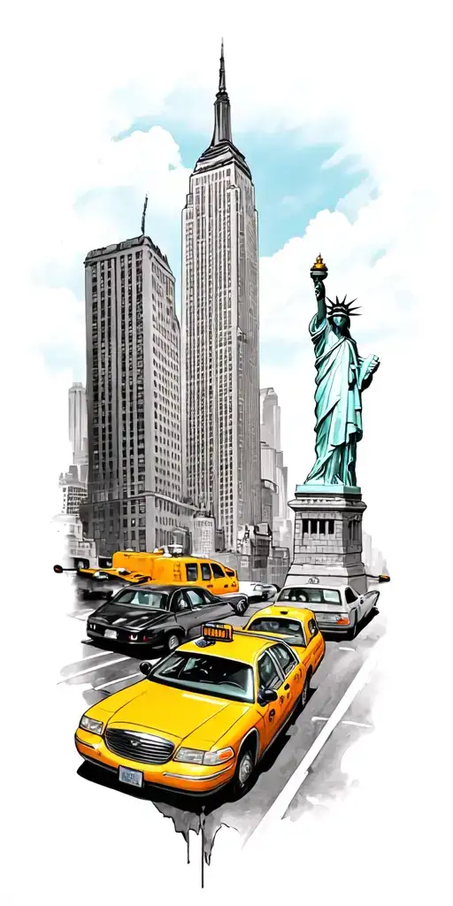 new york inspired tattoo design incorporating yellow taxi, Empire State Building, Statue of Liberty, 5th avenue - Variation 3