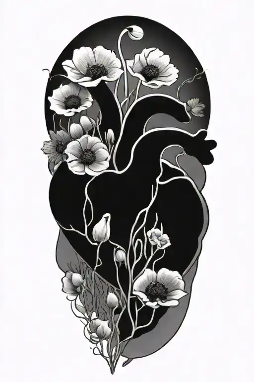 abstract design human heart, poppies, anemones, mushrooms, music, love - Variation 8