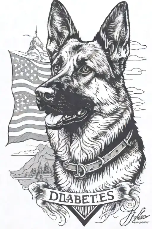German shepherd portrait saying "diabetes" mountain scene American flag waving - Variation 3