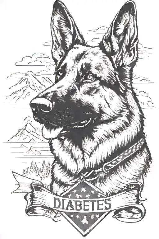 German shepherd portrait saying "diabetes" mountain scene American flag waving - Variation 4