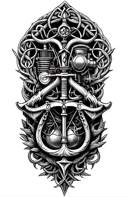 gothic celtic steampunk tree of life, libra scale & harley davidson engine intertwined  - Variation 2