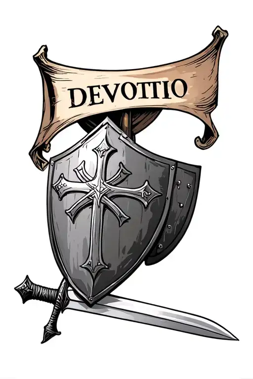 templar helm upon a medieval shield with templar cross, with a sword in back. all upper a parchment with text DEVOTIO .  - Variation 2