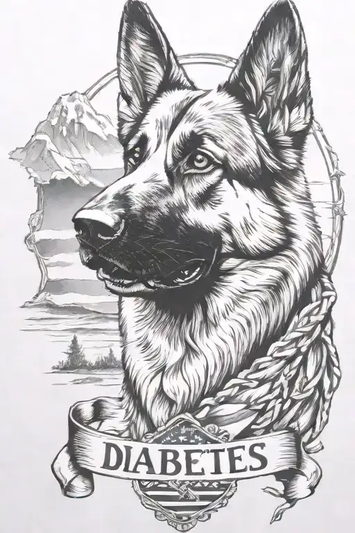 German shepherd portrait with bracelet saying "diabetes" mountain scene American flag