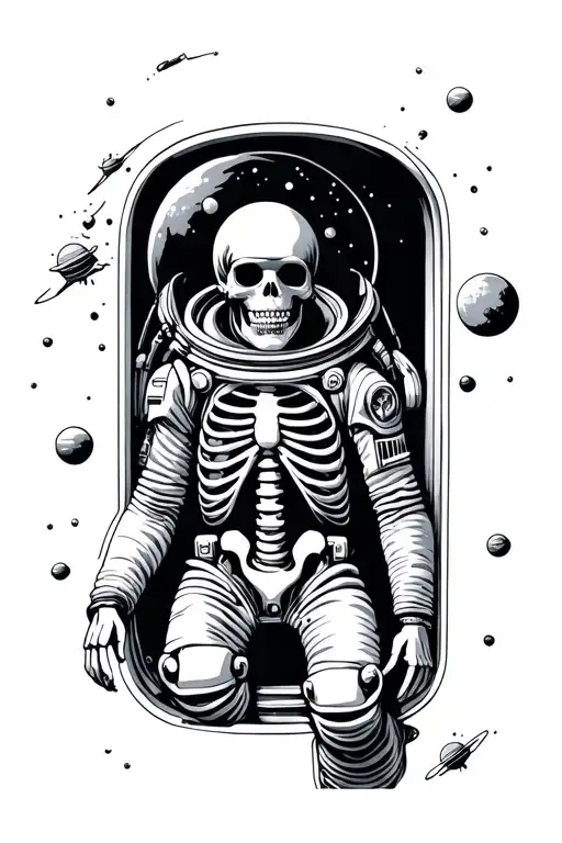 skeleton inside a spacesuit drifting in space