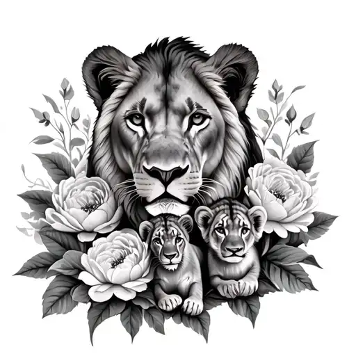 A tattoo of a lioness with her three cubs (two daughters and one son) surrounded by peonies.