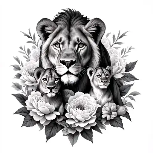 A tattoo of a lioness with her three cubs (two daughters and one son) surrounded by peonies. - Variation 2