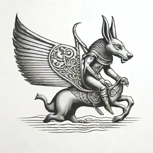 A fusion of Egyptian and Viking symbolism, featuring Anubis and a Viking ship sailing on the Nile River - Variation 2
