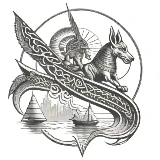 A fusion of Egyptian and Viking symbolism, featuring Anubis and a Viking ship sailing on the Nile River - Variation 4