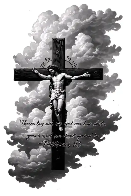 Philippians 4:13 verse written out with clouds, Jesus, cross - Variation 2