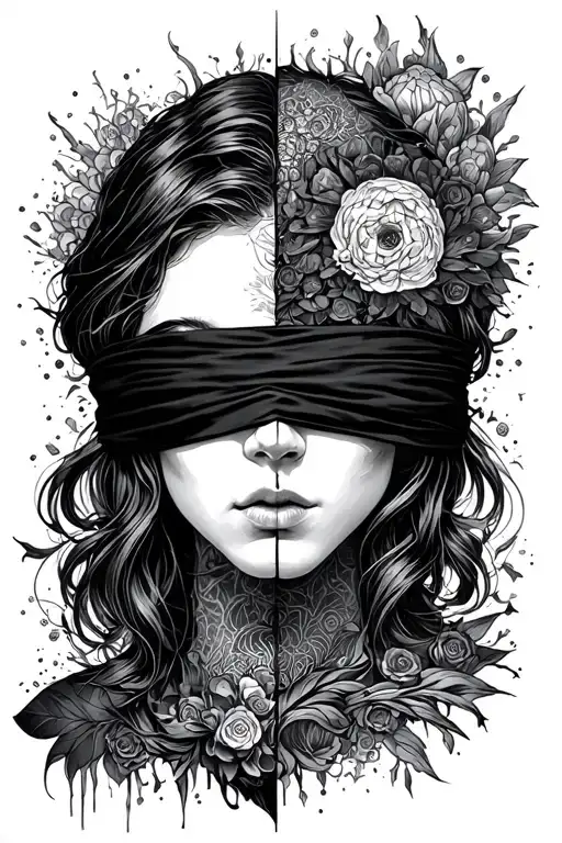 Blindfolded temida with a wage, one side is chaos, the other side is order. Around her a minimal amount of psychedelics.