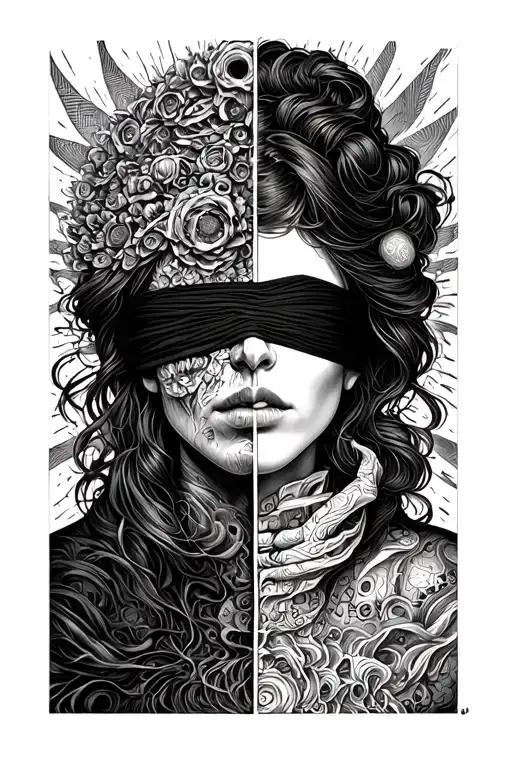 Blindfolded temida with a wage, one side is chaos, the other side is order. Around her a minimal amount of psychedelics. - Variation 2