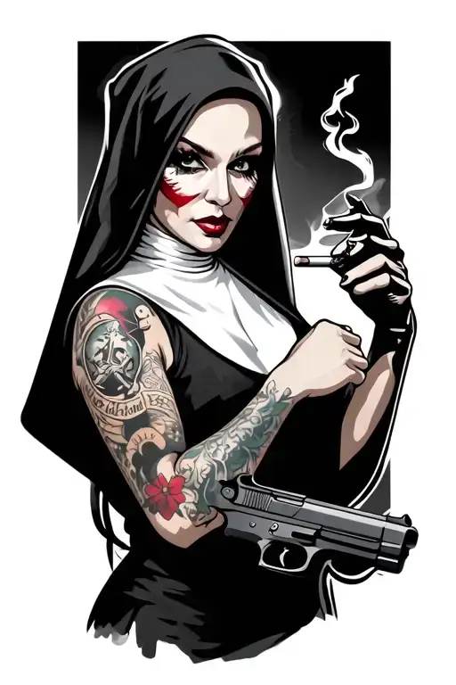 an attractive gangster evil nun with tattoos holding a gun and smoking a cigarette